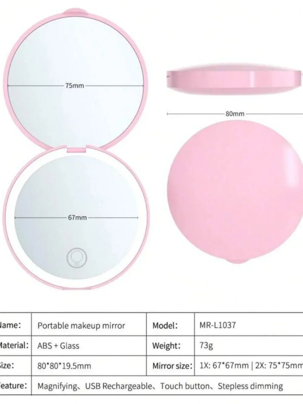LED Compact Makeup Mirror 1X 2X Magnifying Rechargeable Lighted Pocket